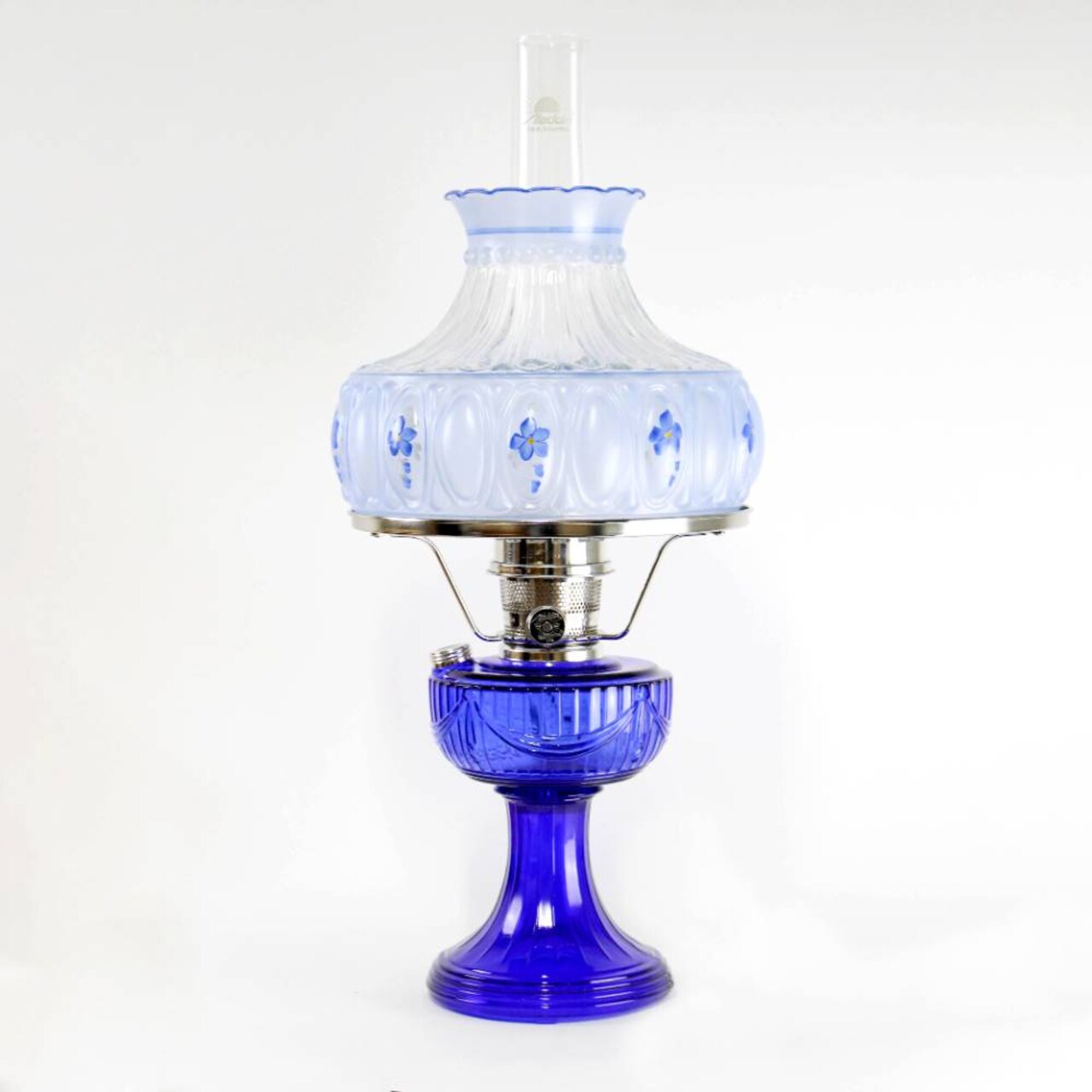 Aladdin Lincoln Drape Oil Lamp, Cobalt Glass Bright Indoor Non-Electric Fuel Lamp with Blue Meadow Shade, 24 inch